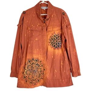 Vintage Upcycled Jacket Womens Size Large Handmade Stencil Floral Orange Brown